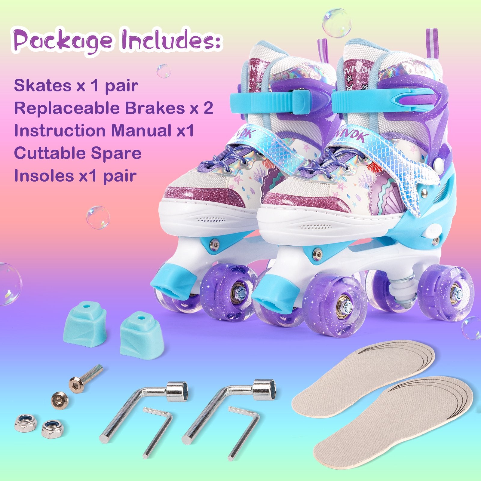 BVIVOK Adjustable Kids Roller Skates for Girls with Light up Wheels, Purple, Size 1-4