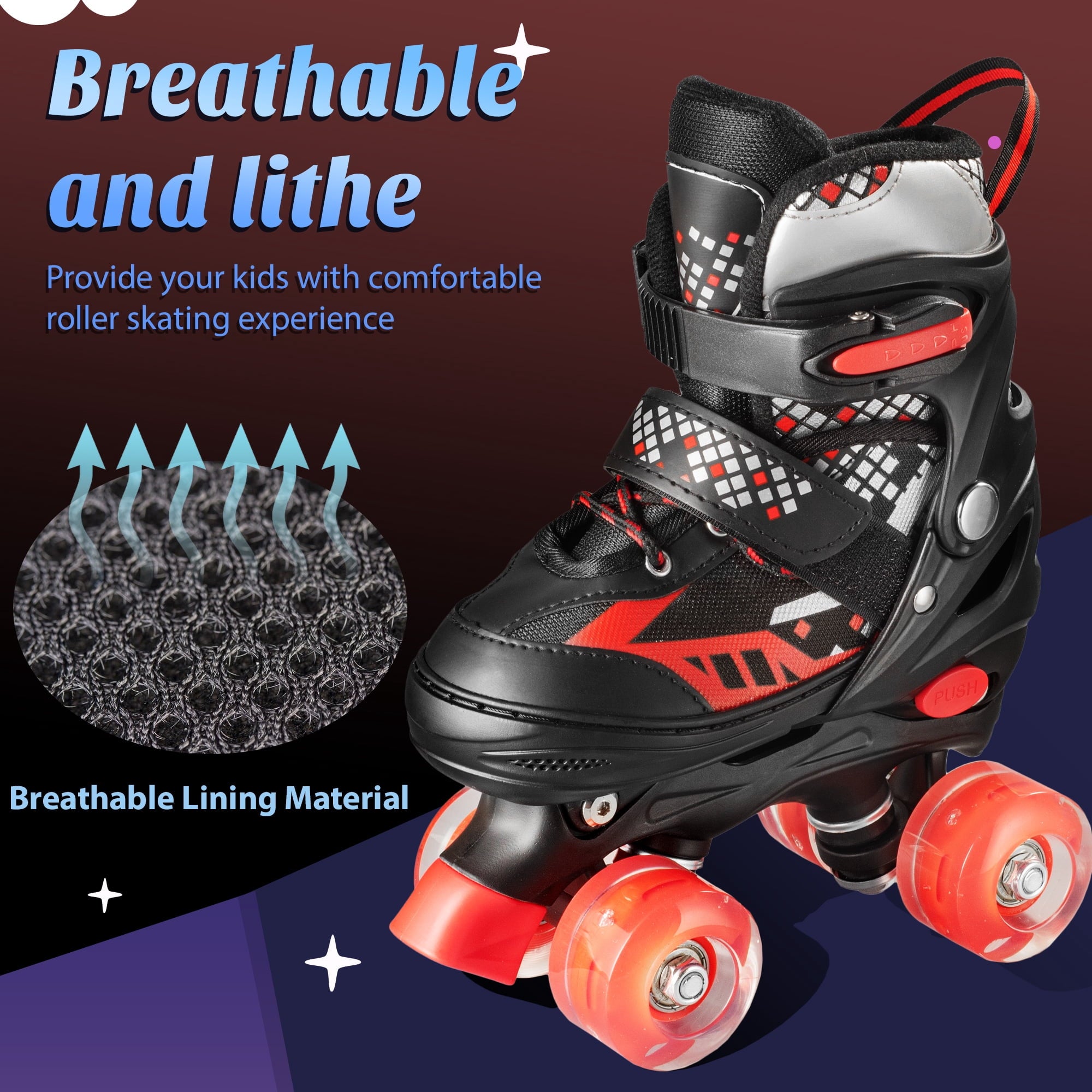 Bvivok Roller Skates for Boys, Adjustable 4 Sizes, with Light up Wheels, Black, M: 1-4